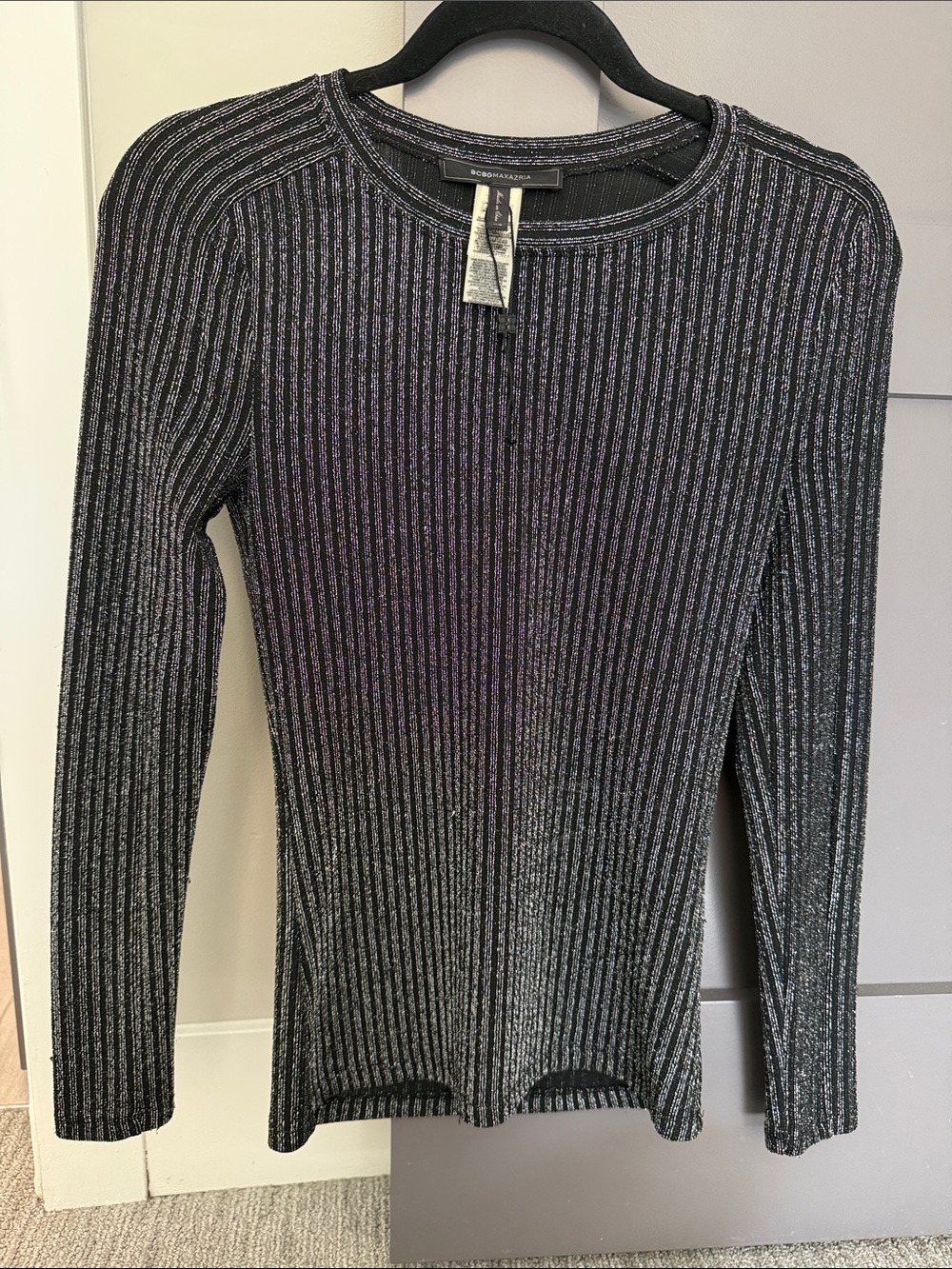 BCBGMAXAZRIA Metallic Long Sleeve Top - Black & Silver